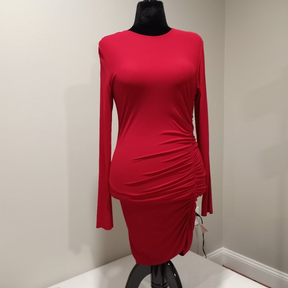 WORTH NEW YORK RED ASSYMETRIC RUCHED MINI DRESS LONG SLEEVE WOMEN SIZE 10